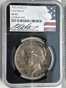 1921 Peace Silver Dollar High Relief NGC XF 45 Black Label Miles Standish Signed - Picture 1 of 2