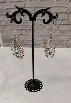 Silver Tone Dangle Faux Turquoise Boho Style Feather Shaped  Earrings 5cm BNWOT - Image 1 of 2
