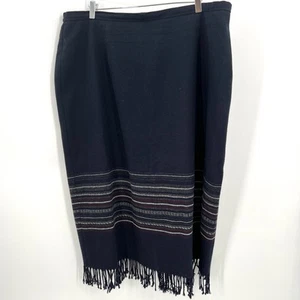 Vintage Blanket Fringe Skirt Wool Blend Navy Blue Schoolgirl Size 24W - Picture 1 of 7