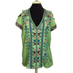 Top Johnny Was verde lima colorido bordado recortado manga corta talla M - Imagen 1 de 13