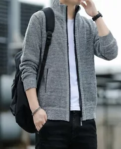 Men Male Baseball Padded Sweater Cardigan Needle Knit Thickened Fashion Jacket - Picture 1 of 25