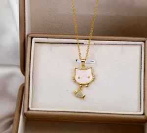 Titanium Gold White Shell Cat & Fish Hello Kitty Pave CZ Pendant Chain Necklace - Picture 1 of 3