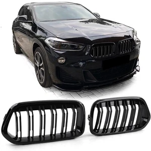 GLOSS BLACK DUAL SLAT FRONT BONNET KIDNEY GRILLS FOR BMW X2 F39 2018+ MODEL - Picture 1 of 7