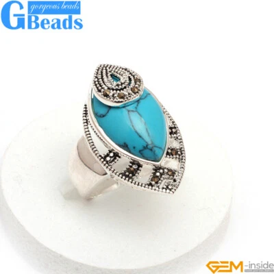 Marquise Stone Beads Tibetan Silver Marcasite Ring Jewelry 18x30mm Free Shipping - Image 1 of 4