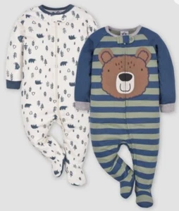 Gerber Baby 2pk Zip-Front Bear Sleep N' Play - White/Forest Green/Navy Blue. J - Picture 1 of 5