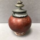 Antique Asian Terracotta Painted Porcelain Pot With Hinged Metal Lid