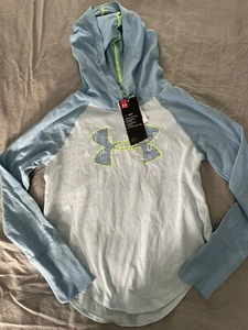 Girls Under Armour Shirt Youth Medium Long Sleeve Hood Blue Pullover NWT - Picture 1 of 4