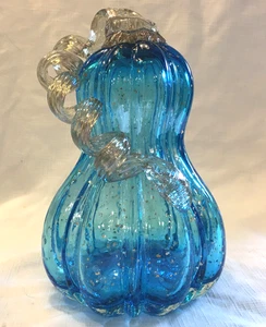 Art Glass Hand Blown Aqua Blue Gourd Pumpkin Clear Curly Stem Gold Flecks LG 8" - Picture 1 of 14