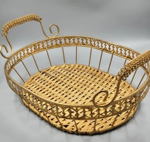 Dekoratives Brot, Gästetuch, Obstkorb aus Metall & Rattan um 1970. - Bild 1 von 4