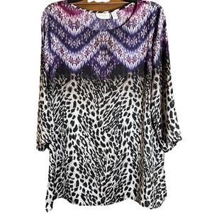 Chicos Women’s Cheetah Animal Print Purple 3/4 Sleeve Top Size Large Resort Boho - Picture 1 of 11