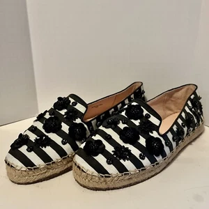 kate spade Leigh 8M Black/White Striped Sheep Nappa Espadrille Flat Sequin $158 - Picture 1 of 8