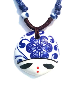 Blue Porcelain Beauty Face Floral Pattern Ethnic Choker Necklace Ceramic Penant - Picture 1 of 2