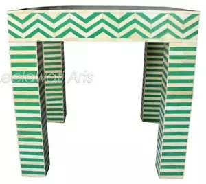 Indian Handmade Zig Zag Design Bone Inlay Side Stool Blue - Picture 1 of 4