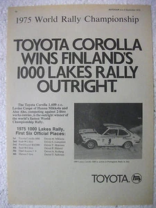 1975 TOYOTA COROLLA 1000 LAKES OUTRIGHT WINNER BRITISH MAGAZINE ADVERTISEMENT - Picture 1 of 1