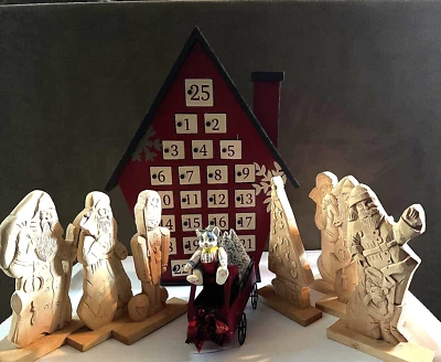 VTG.Folk Art Assorted Christmas Wooden Handmade Advent Box +Red Truck+Cat+Santas - Image 1 of 4