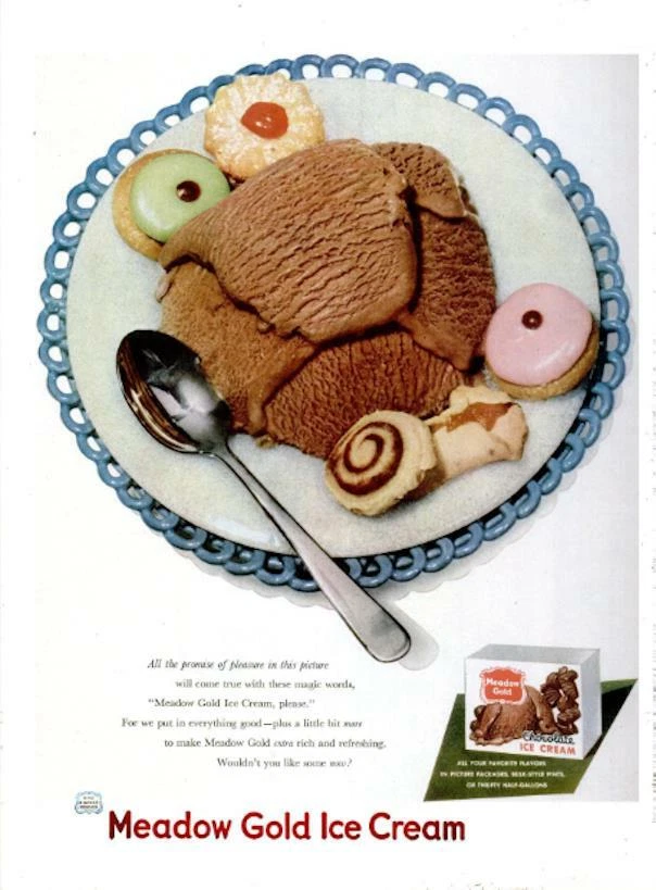 Meadow Gold 1952 helado impreso anuncio tazón de helado de chocolate Foto 1 de 1