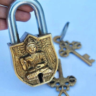 Antiguo candado raro talla de Buda antiguo candado de trabajo mediados de siglo altar moderno Foto 1 de 4