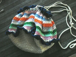 Vintage 70s Yarn Crochet Bag Purse Afghan Drawstring 14" across Tote Colorful - Picture 1 of 5