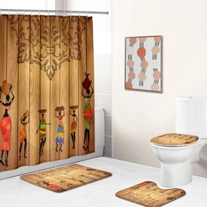 Egyptian Painting Shower Curtain Set Bathroom Anti-skid Floor Mat Toilet Cover - Picture 1 of 17