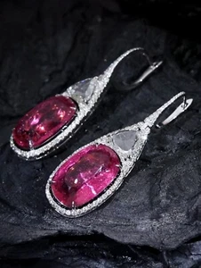 Natural Rubellite Pink Tourmaline Cushion Rosecut Diamond 18K Gold Fine Earring - Picture 1 of 12