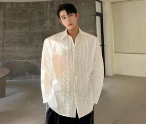 Men's New Fashion Lapel Long Sleeve Pure Color Pleated Flounce Party Dress Shirt - Picture 1 of 16