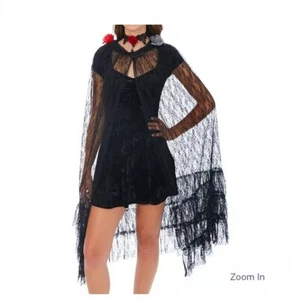 Day Of Dead Punk Rave Womens Gothic Lace Hooded Waistcoat Cloak Cape Black #D - Picture 1 of 5