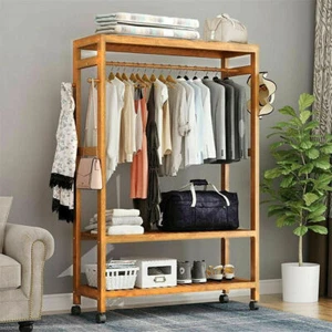 Freestanding Bamboo Clothes Rail Shelf Rolling Garment Closet Organizer Stand - Picture 1 of 12