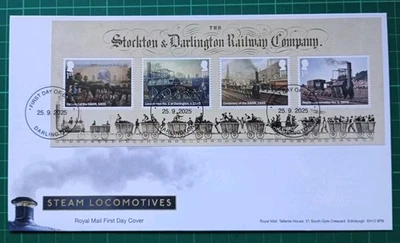 2025 Steam Locomotives Stockton Darlington Railway M/S FDC Darlington NP Pmk - Image 1 of 2