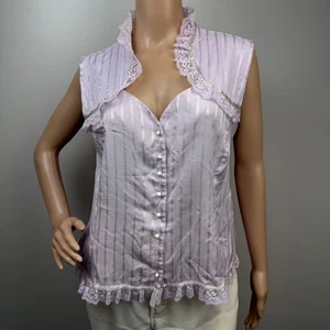 Vintage lila gestreift Spitzenbesatz Rüschenkragen ärmellos Knopfleiste Top Est Gr. L/XL - Bild 1 von 11