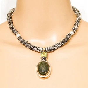 Michael Dawkins 925 Sterling Caviar Beaded Necklace Labradorite Peridot Pendant - Picture 1 of 17