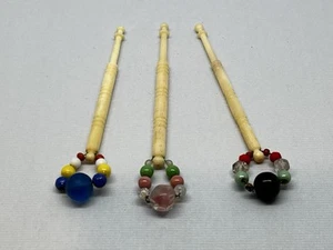3 X Vintage Turned Bone Lace Bobbins With Glass Spangles (LB71) - Picture 1 of 5
