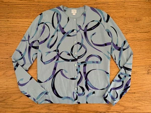 TSE Womens sz L 100% Cashmere blue print button sweater Cardigan - Picture 1 of 9
