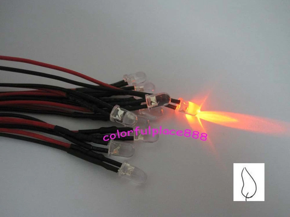 100 x 5mm Orange Flicker 9V 12V Pre-Wired Water Clear LED Leds Candle Light 20CM - Image 1 of 1
