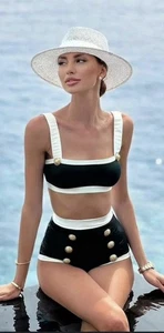 BALMAIN Black/White Swimsuit Bandeau bikini w/ Gold buttons - Picture 1 of 6