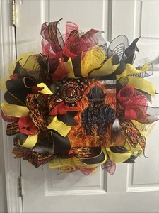Handmade Firefighter First Responder Wreath. Red Black Yellow And Orange. - Picture 1 of 8