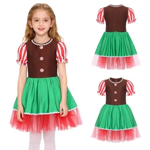 Girls Christmas Gingerbread Man Dress Short Puff Sleeves Color Block Tutu Dress - Picture 1 of 19