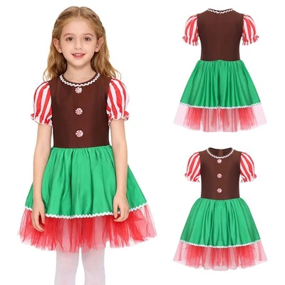Kids Girls Christmas Gingerbread Man Costume Tutu Dress Holiday Party Cosplay - Image 1 of 4