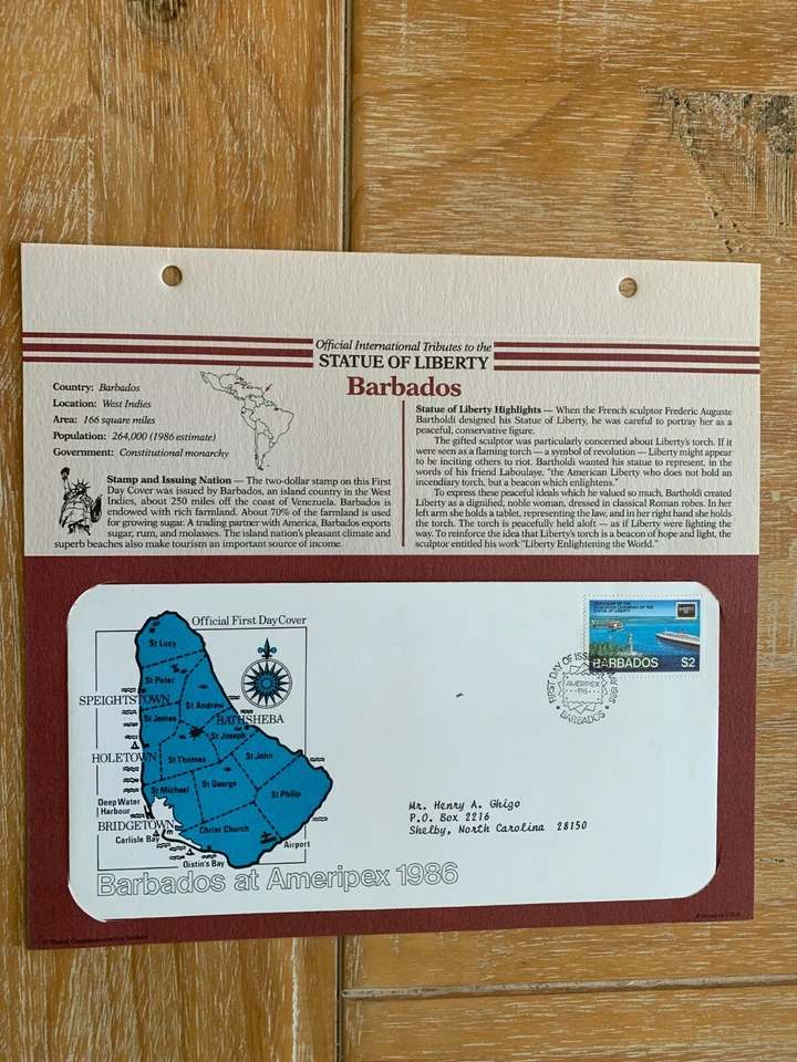 BARBADOS 1986 FDC STATUE OF LIBERTY TRIBUTE AMERIPEX 86 HELICOPTER - Image 1 of 1