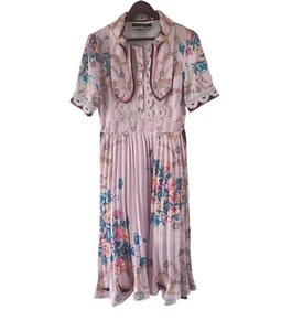 Dalia Macphee Pink Floral Lace Chains Pleated Midi Dress Size M New - Picture 1 of 9