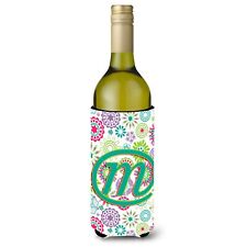 Letter M Flowers Pink Teal Green Initial Wine Bottle Beverage Insulator Hugge...