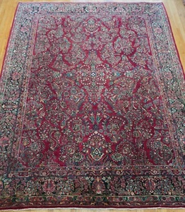 Antique Saroukk 8'8"x11'9" Hand Knotted Wool Floral Red Oriental Rug Hand Washed - Picture 1 of 23
