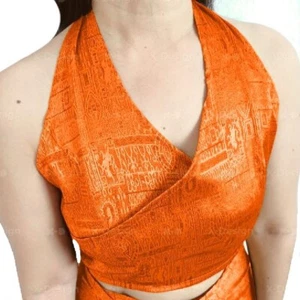 Womens Halter Neck Blouse Crop Top Open Thai Silk Blend Orange Casual Sleeveless - Picture 1 of 3