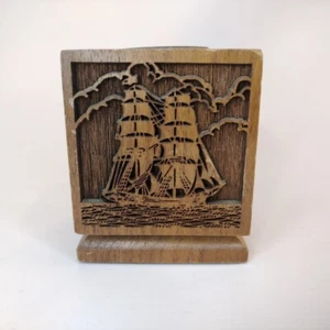 Vintage LASERCRAFT Laser Engraved WALNUT Wood Candle Votive Holder Sailing Ship - Picture 1 of 6