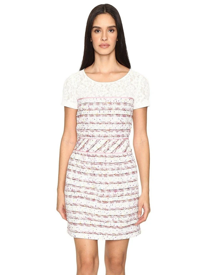 Vestido de tweed Boutique Moschino 166538 feminino manga curta listra rosa tamanho 42 - Imagem 1 de 4