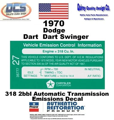 Dodge Dart 318 1970 calcomanía automática de emisiones 33577727 nuevo MoPar EE. UU. Foto 1 de 2