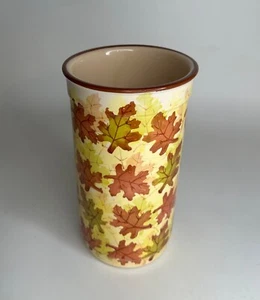 NICE Pier 1 Imports Fall Green Brown Leaf Design Vase Ceramic Round Cylinder - Picture 1 of 2