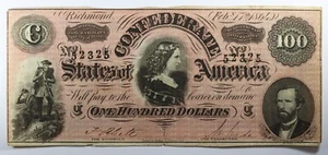 1864 Confederate State of America $100 Dollar Richmond Note - 7th Issue CSA - Picture 1 of 2