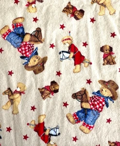 Cowboy Teddy Bear Flannel Fabric Remnant Puppies Red Blue Brown 33"L x 42"W - Picture 1 of 6