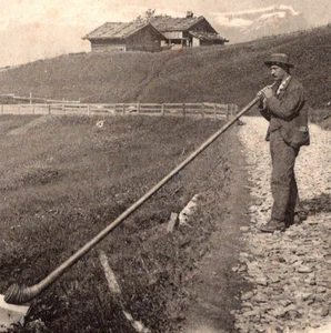 Antiker RPPC Mann spielt Alphorn Germany Alpenhornblaser um 1900 Alpenhaus - Bild 1 von 3