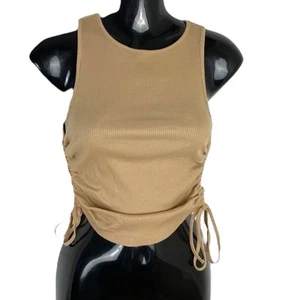 Divided Tank Top Women's UK Size XS Beige Ribbed Cropped Ruffled Sides Summer - Picture 1 of 6